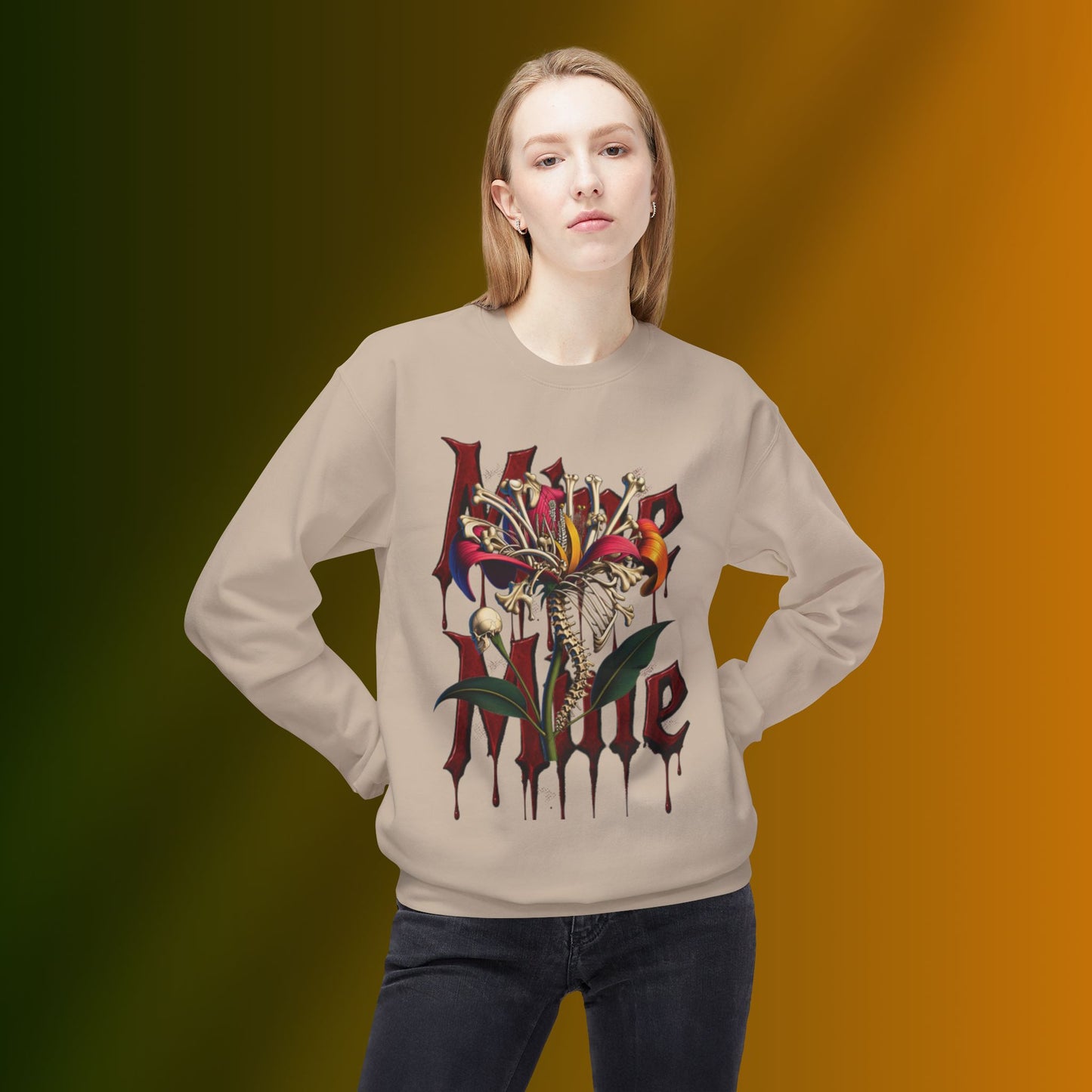 My Heart Is A Flower Covered In Bloody Bones, Vibrant Graphic Fleece Sweatshirt, Unisex Crewneck Sweatshirt, Casual Wear, Gift for Him/Her, Streetwear Style, Art-Inspired Apparel