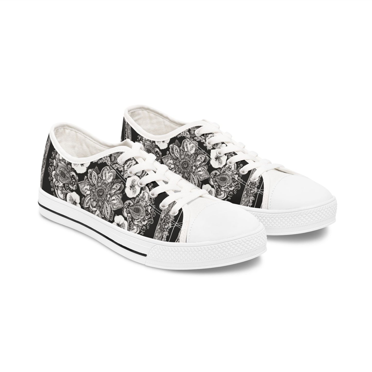 Women's Low Top Paisley Style On A Black And White Canvas Sneakers