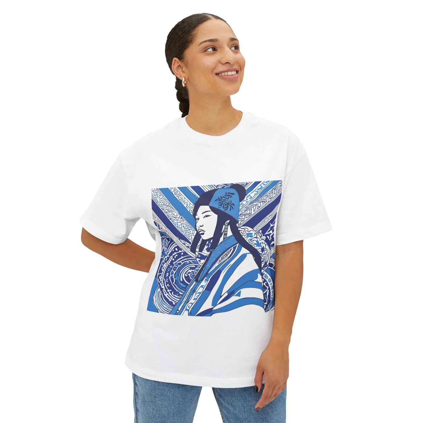 Blue And White Illustration Of A Woman Oversized Boxy Tee