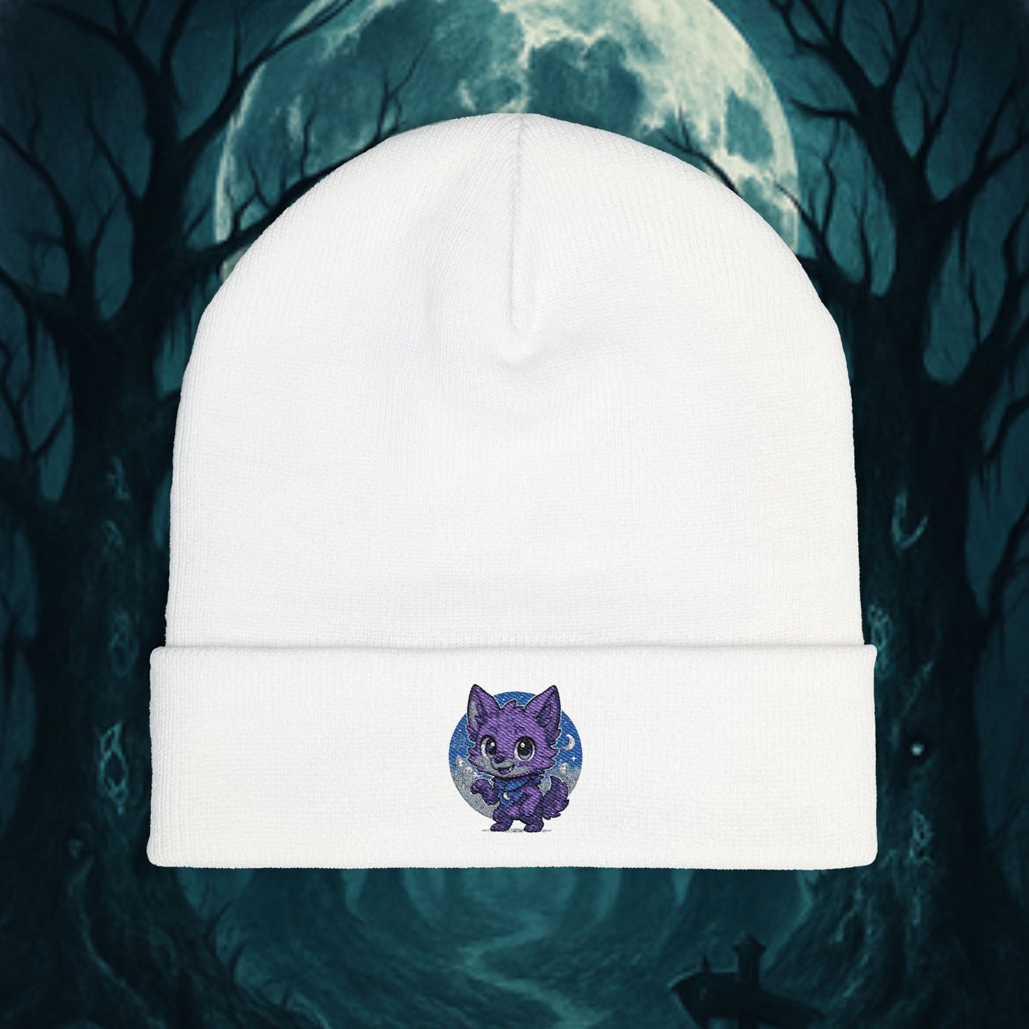 Cute Baby Werewolf Under The Full Moon Embroidered Knit Beanie, Winter Headwear, Cozy Accessories, Unique Halloween Fashion.