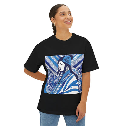 Blue And White Illustration Of A Woman Oversized Boxy Tee