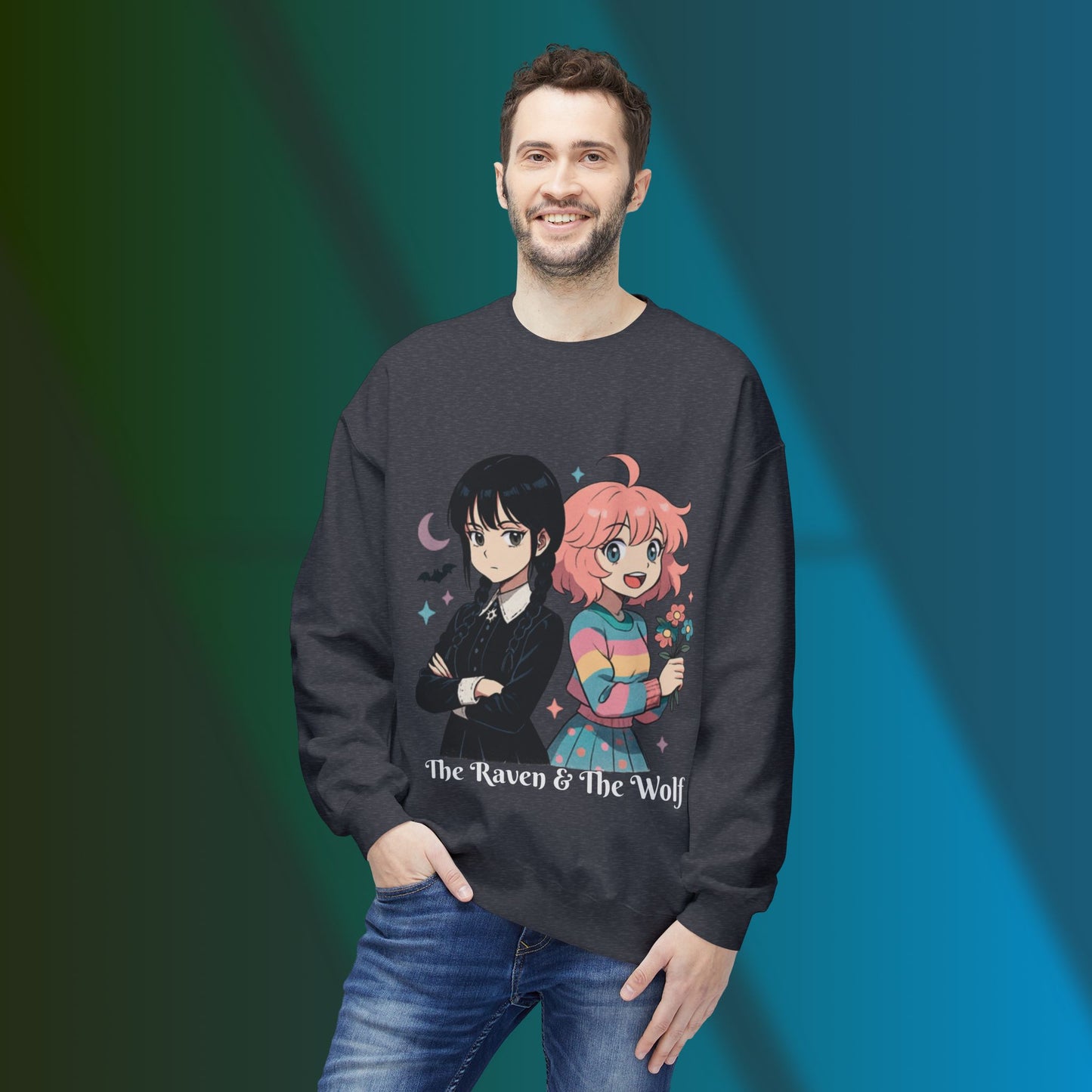 Wednesday & Enid Cartoon Crewneck Sweatshirt: The Raven & The Wolf Design, Cute Gift, Cozy Casual Wear, Everyday Comfort.