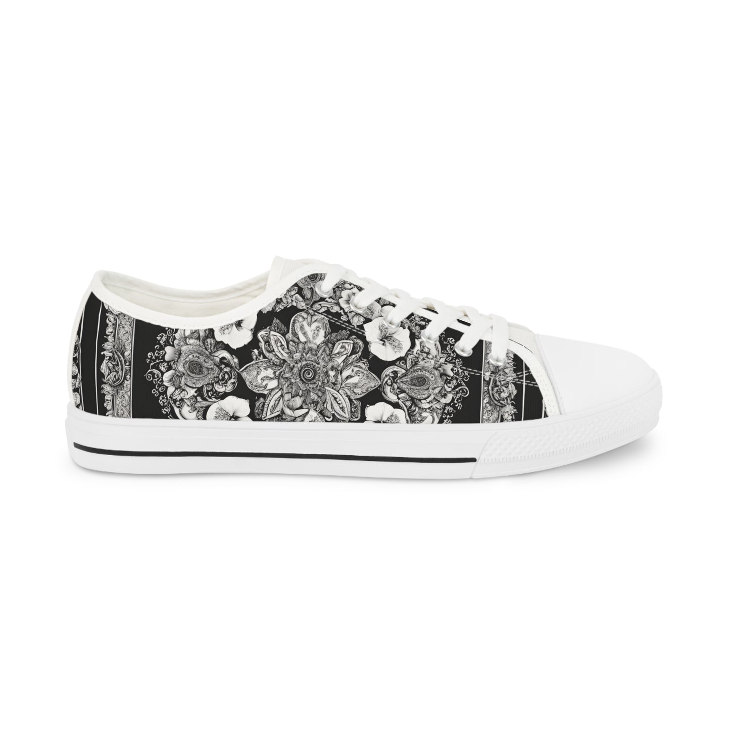 Men's Low Top Paisley Style On A Black And White Canvas Sneakers