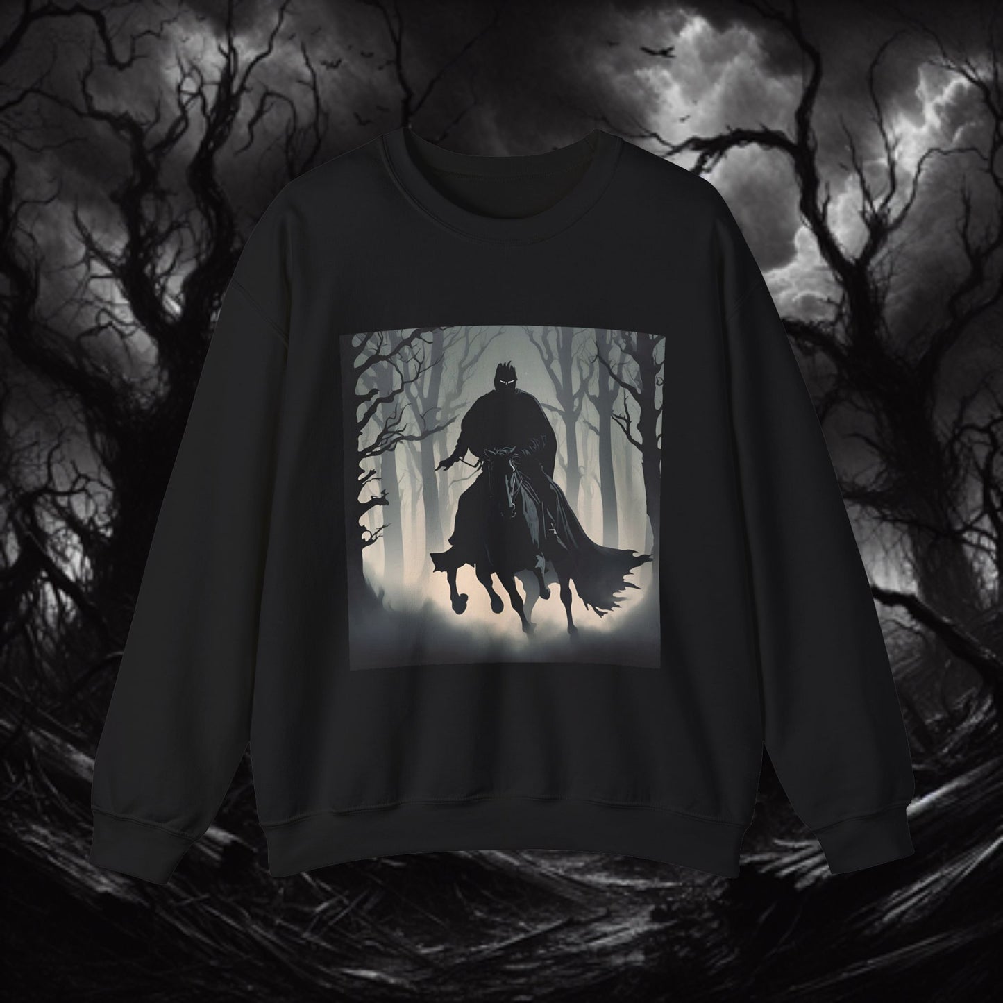 Mystical Forest Rider Sweatshirt | Unisex Heavy Blend Crewneck | Perfect for Halloween, Cozy Style, Gift for Nature Lovers, Eerie Nightwear, [...]