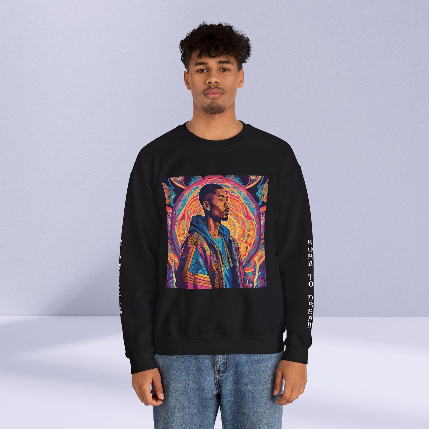 Tribe Of Dreams Standing In Front Of An Ornate Patterned Background Crewneck Sweatshirt