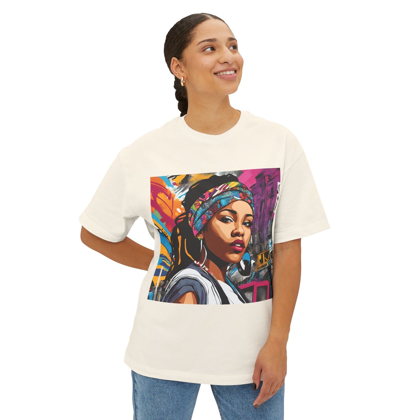 Unisex Pop Art Style Painting In Front Of Graffiti Oversized Boxy Tee