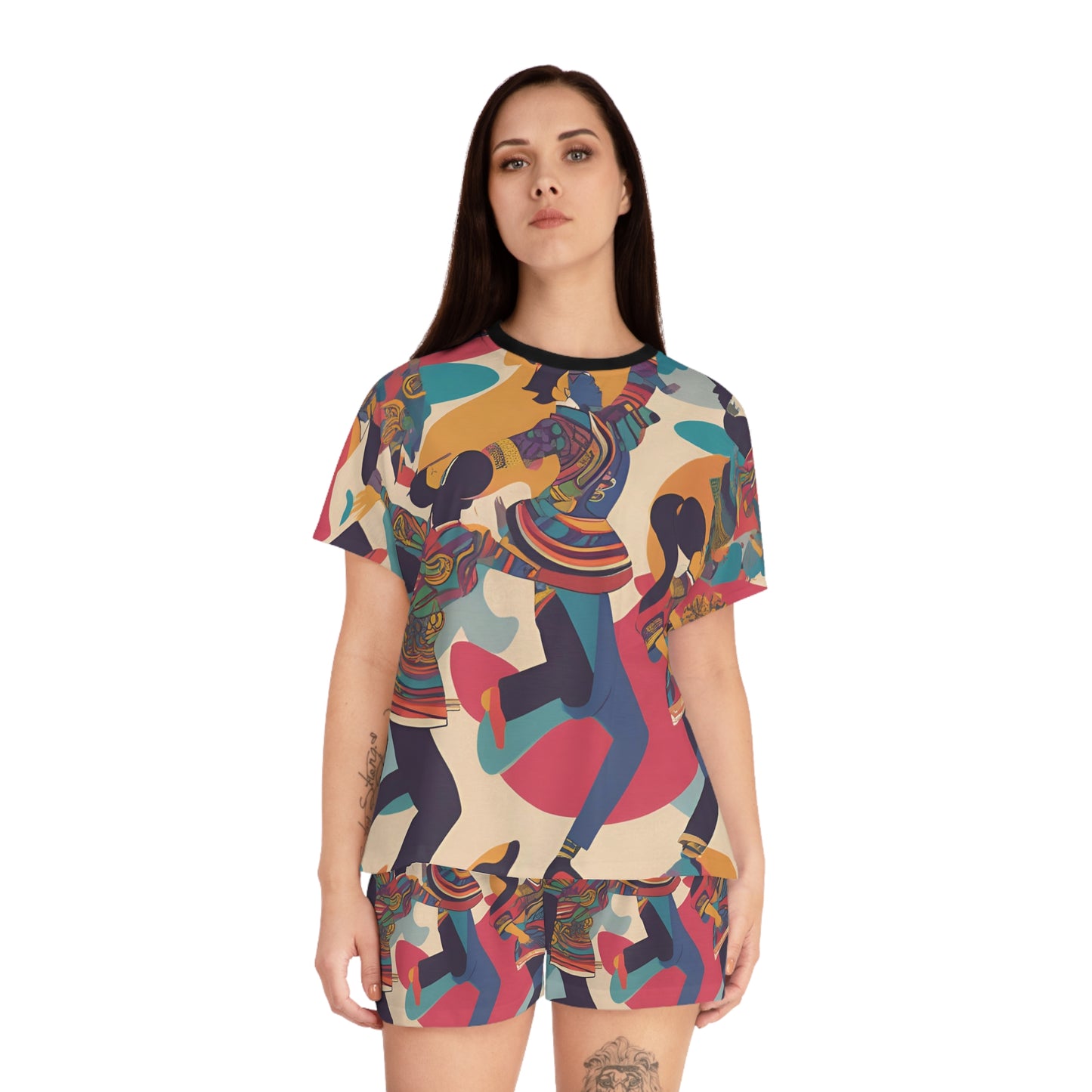 Women's Colorful Pattern With People Dancing  Short Pajama Set