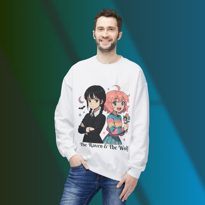 Wednesday & Enid Cartoon Crewneck Sweatshirt: The Raven & The Wolf Design, Cute Gift, Cozy Casual Wear, Everyday Comfort.