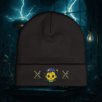 Beanie Hat - Cute Frankenstein with X Bone Design Embroidered Design
