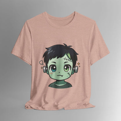 Cute Frankenstein Graphic Tee for Kids, Fun Halloween Shirt, Unisex Comic Style T-Shirt, Perfect for Parties, Costume Events