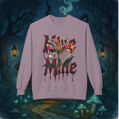 My Heart Is A Flower Covered In Bloody Bones, Vibrant Graphic Fleece Sweatshirt, Unisex Crewneck Sweatshirt, Casual Wear, Gift for Him/Her, Streetwear Style, Art-Inspired Apparel