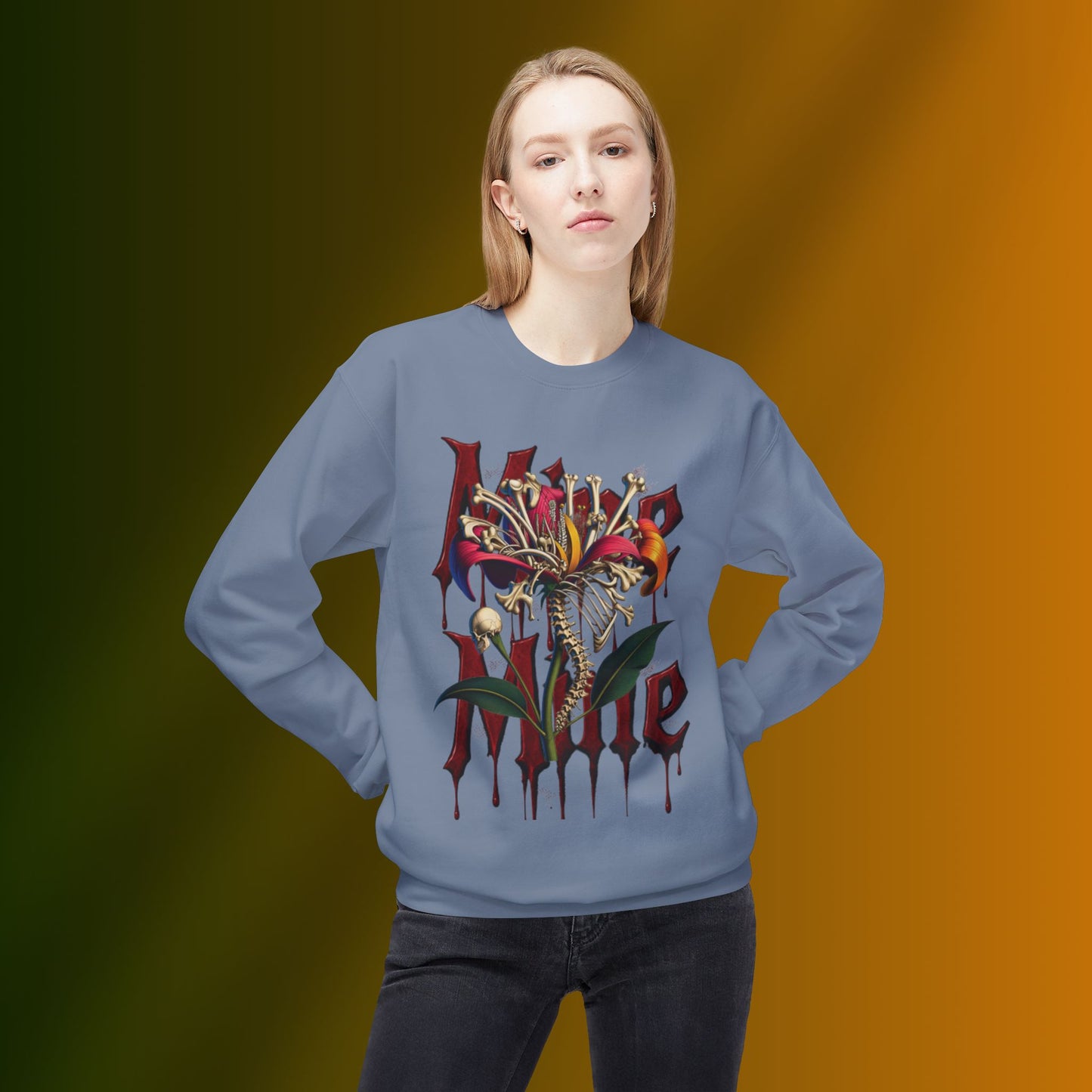 My Heart Is A Flower Covered In Bloody Bones, Vibrant Graphic Fleece Sweatshirt, Unisex Crewneck Sweatshirt, Casual Wear, Gift for Him/Her, Streetwear Style, Art-Inspired Apparel