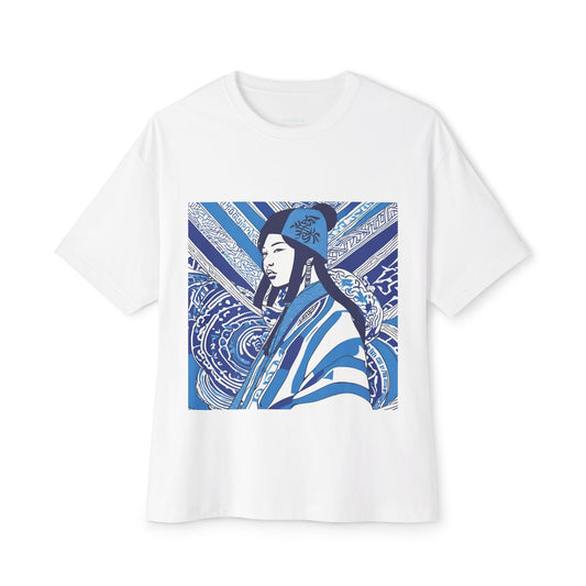 Blue And White Illustration Of A Woman Oversized Boxy Tee