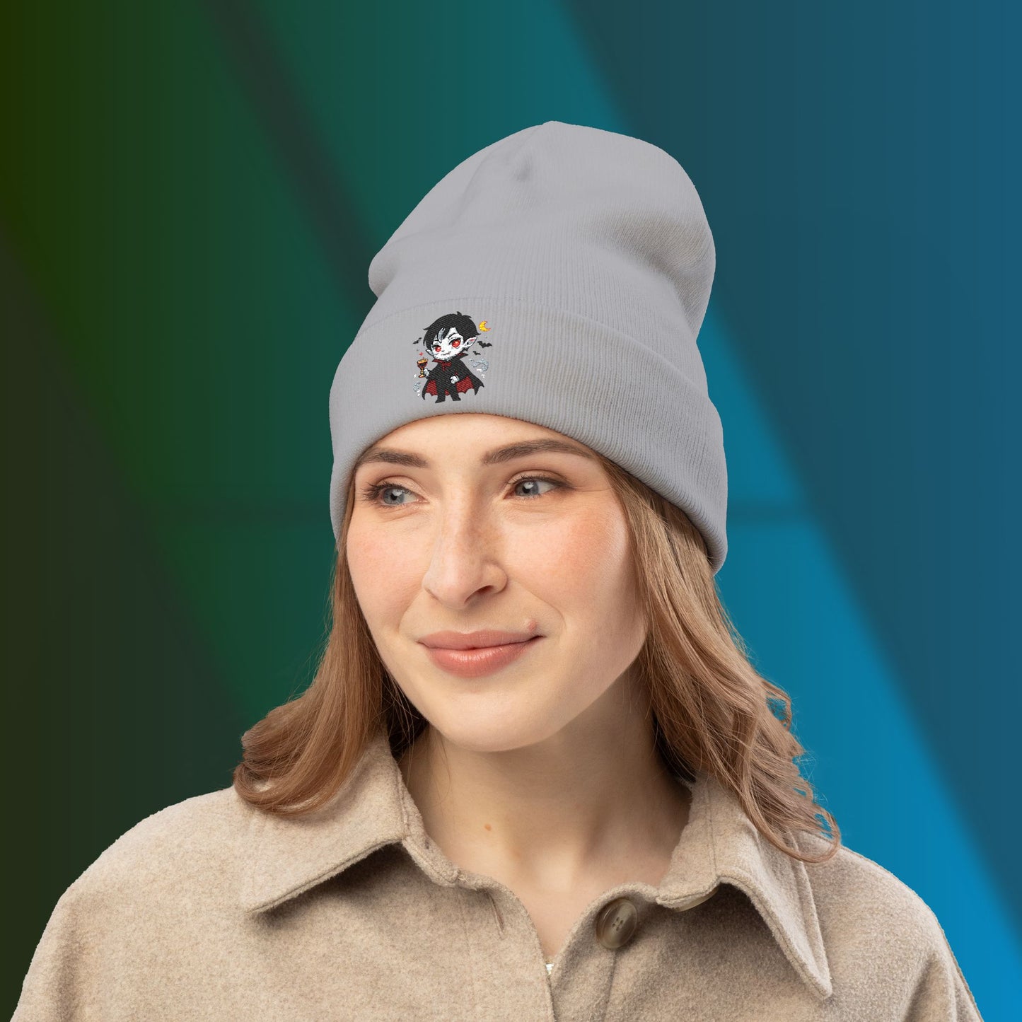 Cute & Classy Vampire Embroidered Knit Beanie for Halloween Lovers, Cozy Winter Hat, Spooky Gifts, Cartoon Design, Vampire Character Beanie