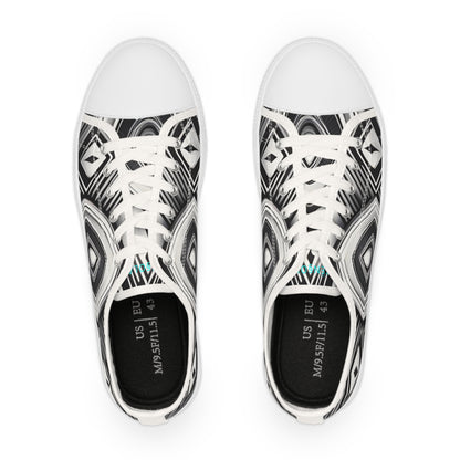 Black & White Geometric Low Top Sneakers — Men's Patterned Canvas Shoes