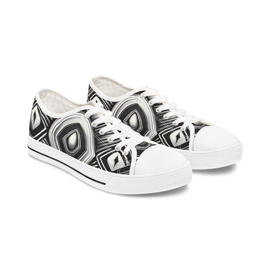 Black & White Geometric Low Top Sneakers — Women's Patterned Canvas Shoes