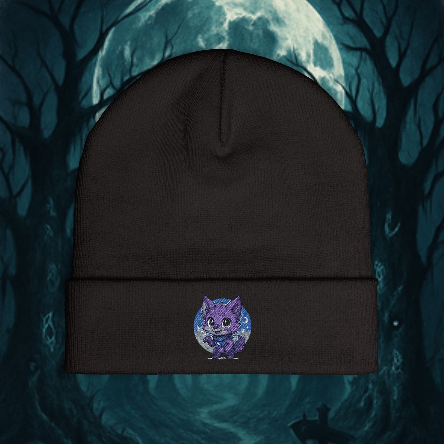 Cute Baby Werewolf Under The Full Moon Embroidered Knit Beanie, Winter Headwear, Cozy Accessories, Unique Halloween Fashion.