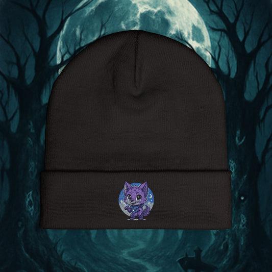 Cute Baby Werewolf Under The Full Moon Embroidered Knit Beanie, Winter Headwear, Cozy Accessories, Unique Halloween Fashion.