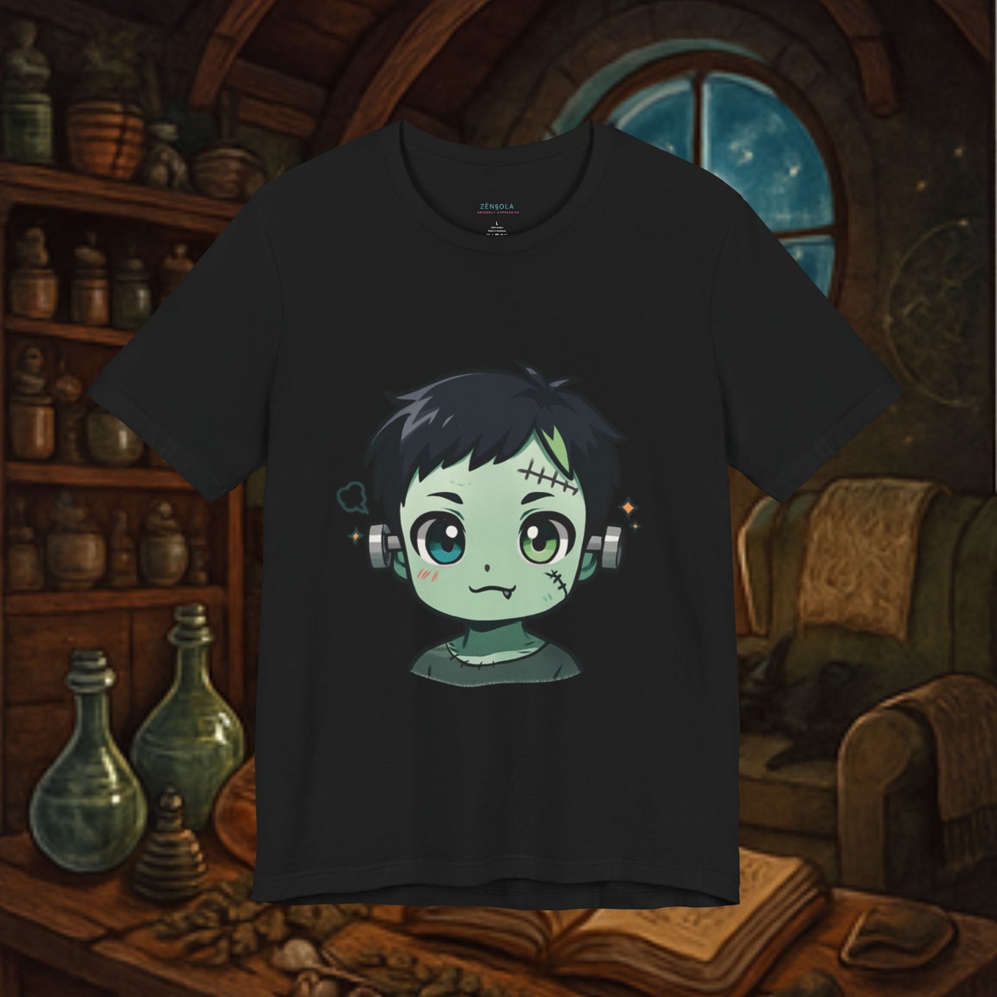 Cute Frankenstein Graphic Tee for Kids, Fun Halloween Shirt, Unisex Comic Style T-Shirt, Perfect for Parties, Costume Events