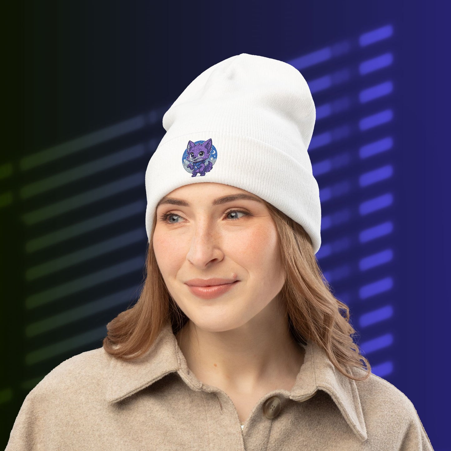 Cute Baby Werewolf Under The Full Moon Embroidered Knit Beanie, Winter Headwear, Cozy Accessories, Unique Halloween Fashion.