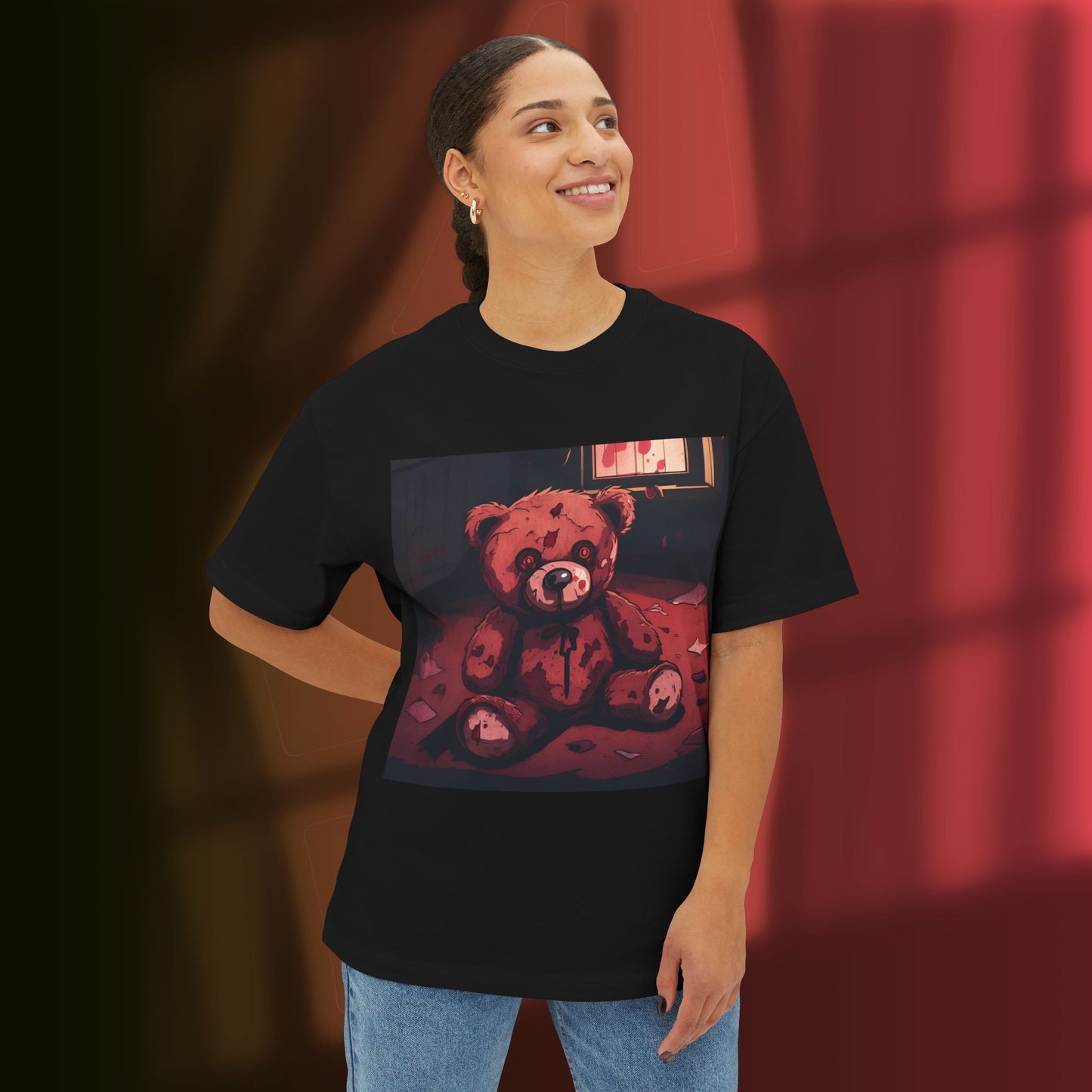 Spooky Bloody Teddy Bear Graphic Tee, Oversized T-Shirt, Unisex Horror Apparel, Perfect for Halloween, Cozy Casual Wear