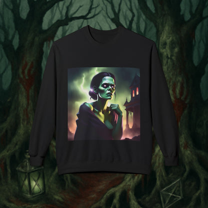 Gothic Broken Art Female Frankenstein Sweatshirt, Cozy Halloween Crewneck, Unisex Graphic Fleece, Witchy Apparel, Spooky Aesthetic, Gift for Horror Lovers