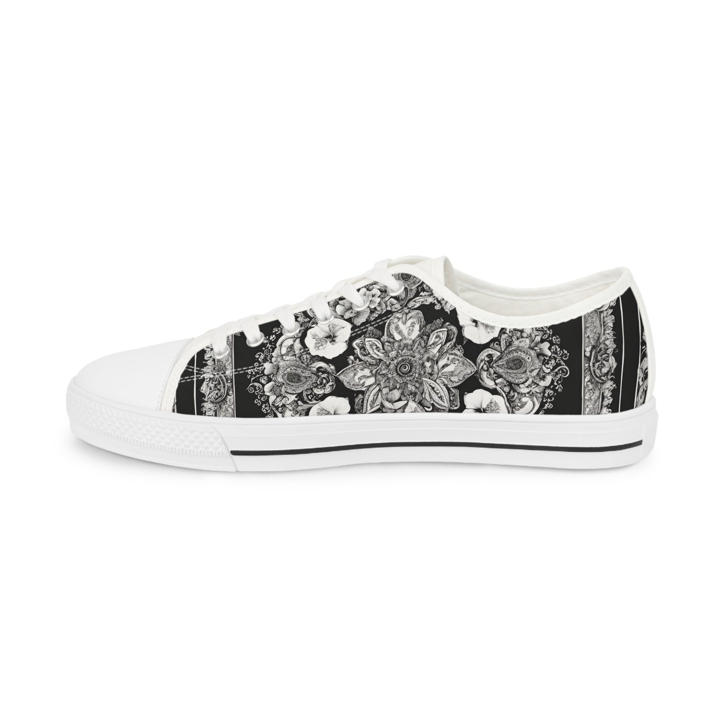 Men's Low Top Paisley Style On A Black And White Canvas Sneakers