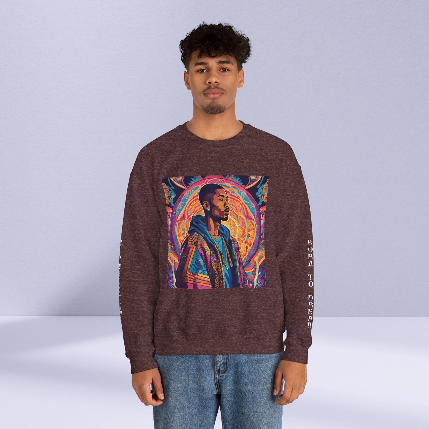 Tribe Of Dreams Standing In Front Of An Ornate Patterned Background Crewneck Sweatshirt