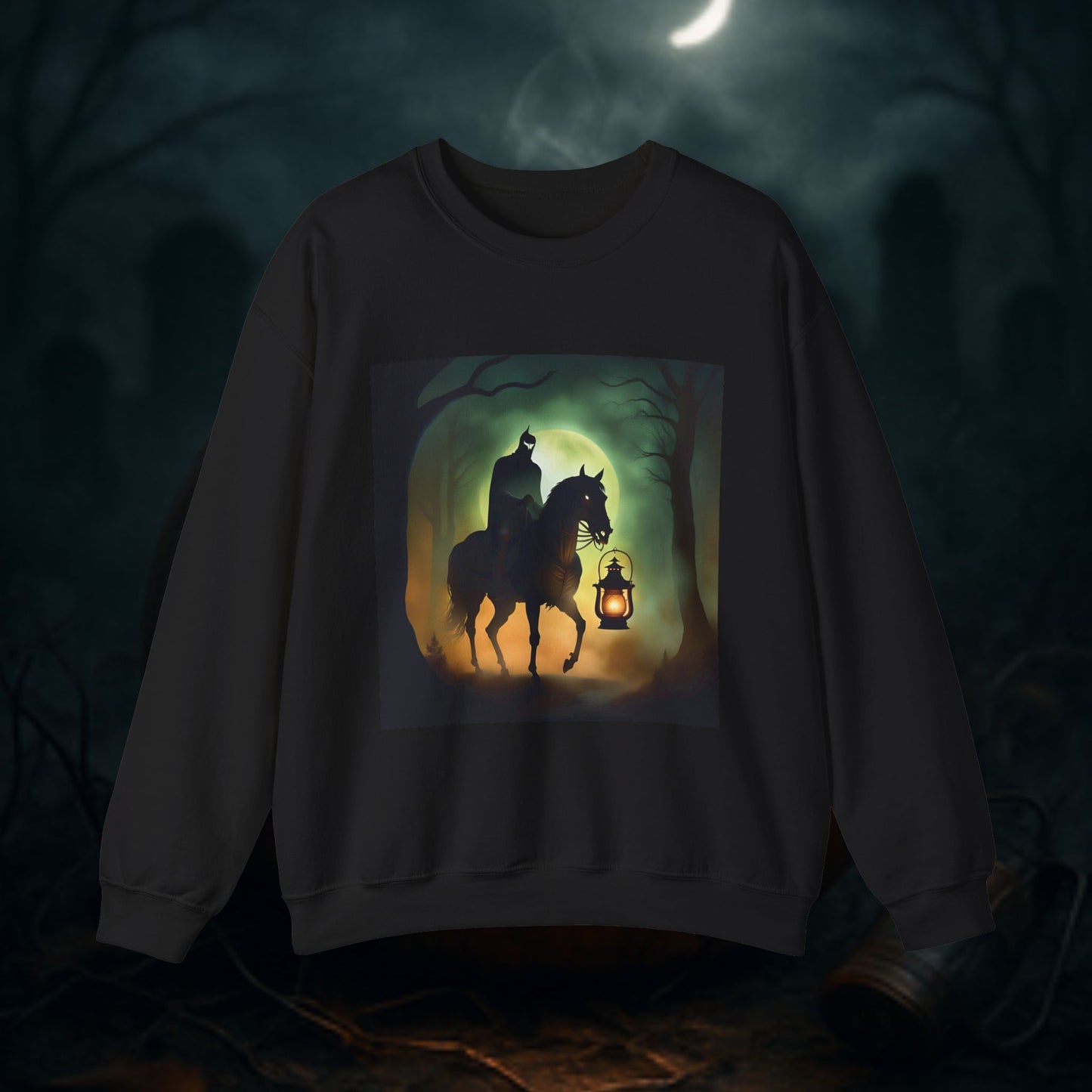 Haunting Horseman Sweatshirt | Cozy Halloween Apparel, Unisex Crewneck, Spooky Gift, Fall Fashion, Eerie Nightwear