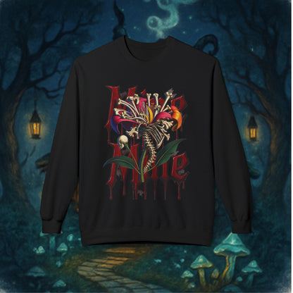 My Heart Is A Flower Covered In Bloody Bones, Vibrant Graphic Fleece Sweatshirt, Unisex Crewneck Sweatshirt, Casual Wear, Gift for Him/Her, Streetwear Style, Art-Inspired Apparel