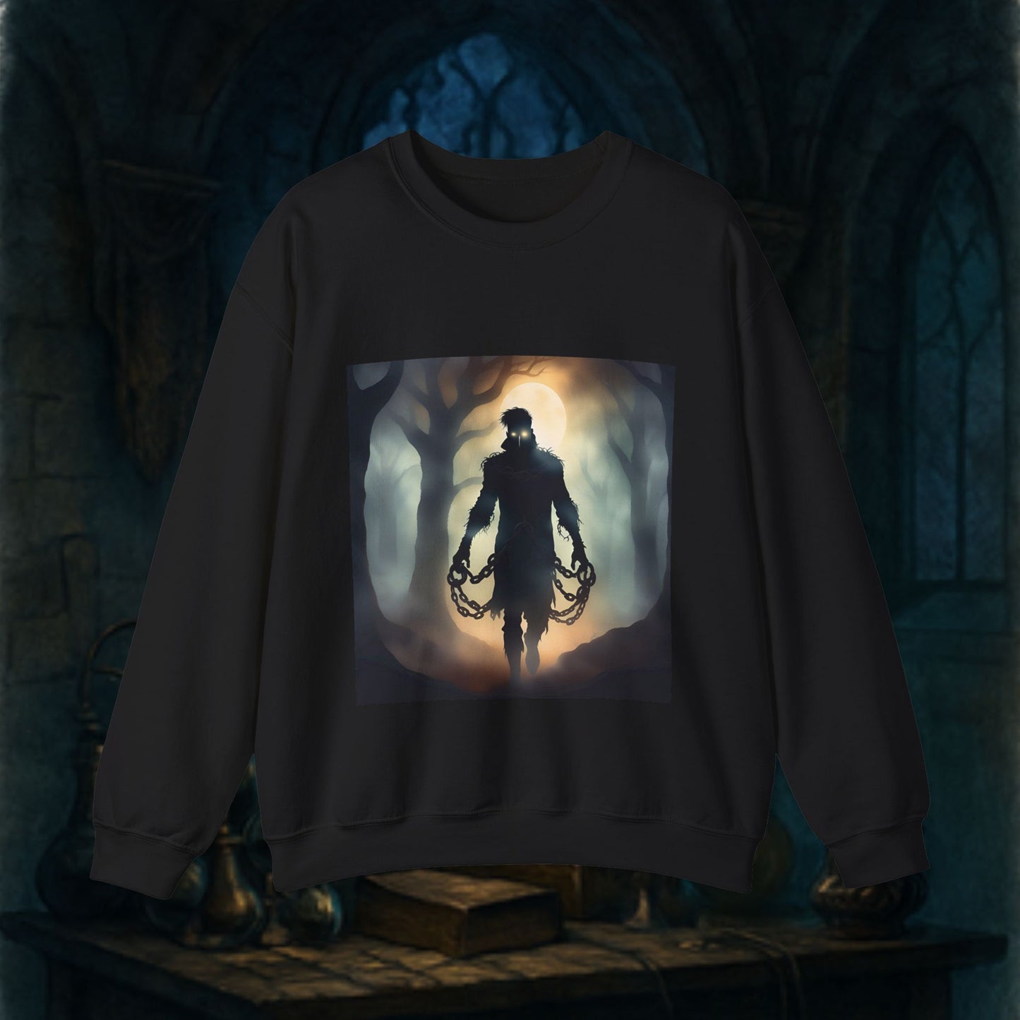 Eerie Night Long Sleeve Shirt with Spooky Design, Unisex Sweatshirt for Halloween, Gift for Horror Lovers, Cozy Crewneck for Fall, Unique Graphic Sweatshirt