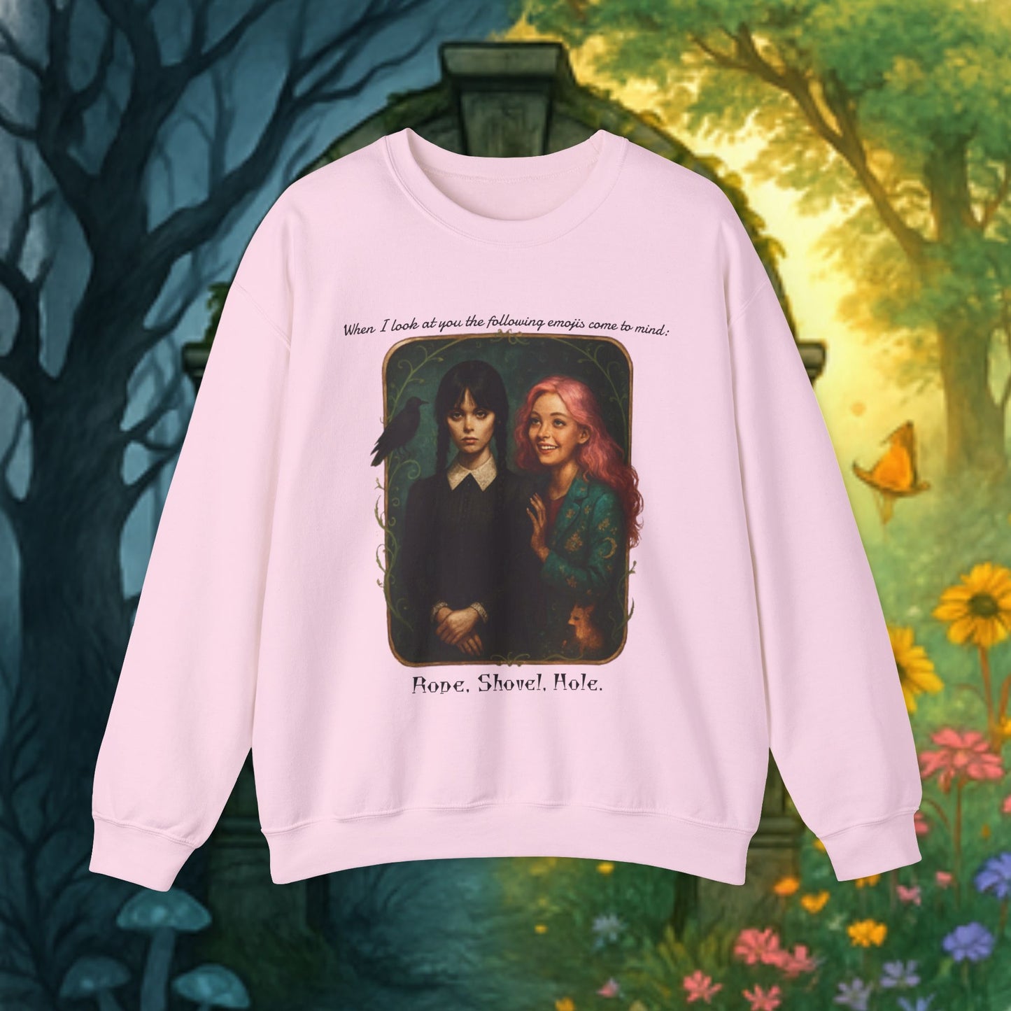 Wednesday and Enid Whimsical Crewneck Sweatshirt - Halloween Goth Lovers Vintage Art Sweattop