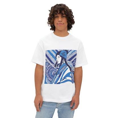 Blue And White Illustration Of A Woman Oversized Boxy Tee