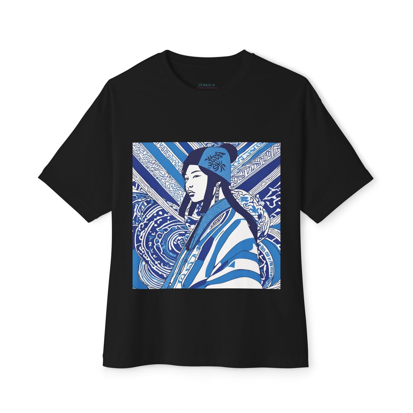 Blue And White Illustration Of A Woman Oversized Boxy Tee