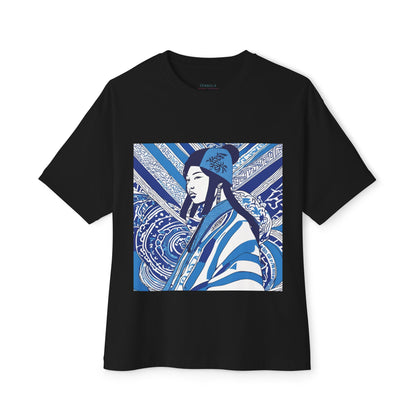 Blue And White Illustration Of A Woman Oversized Boxy Tee