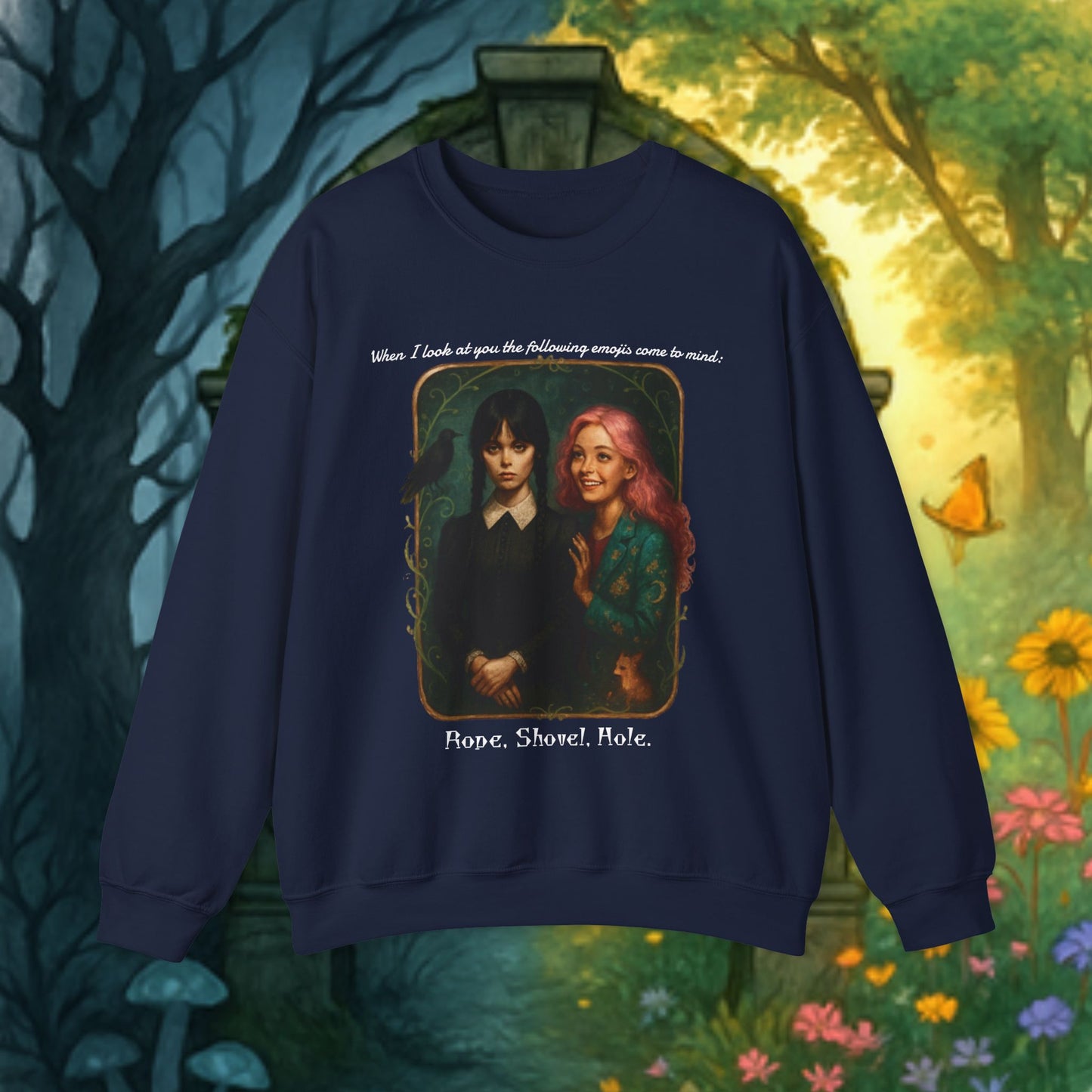 Wednesday and Enid Whimsical Crewneck Sweatshirt - Halloween Goth Lovers Vintage Art Sweattop