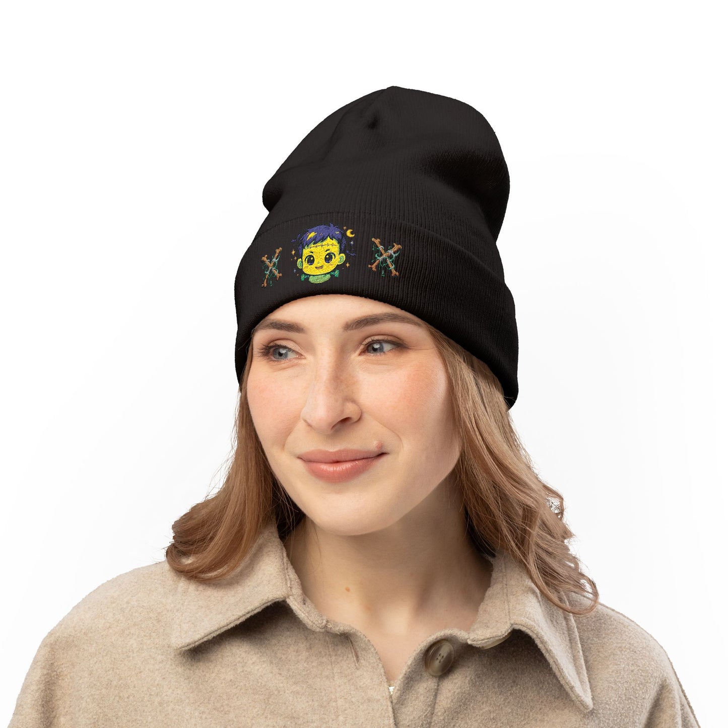 Beanie Hat - Cute Frankenstein with X Bone Design Embroidered Design