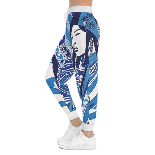 Blue And White Illustration Of A Woman Joggers