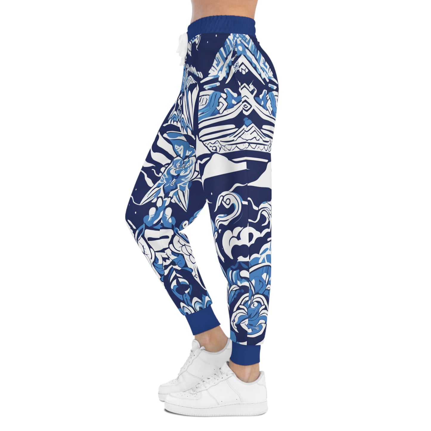 Blue And White Pattern With A Mountain In The Background Joggers