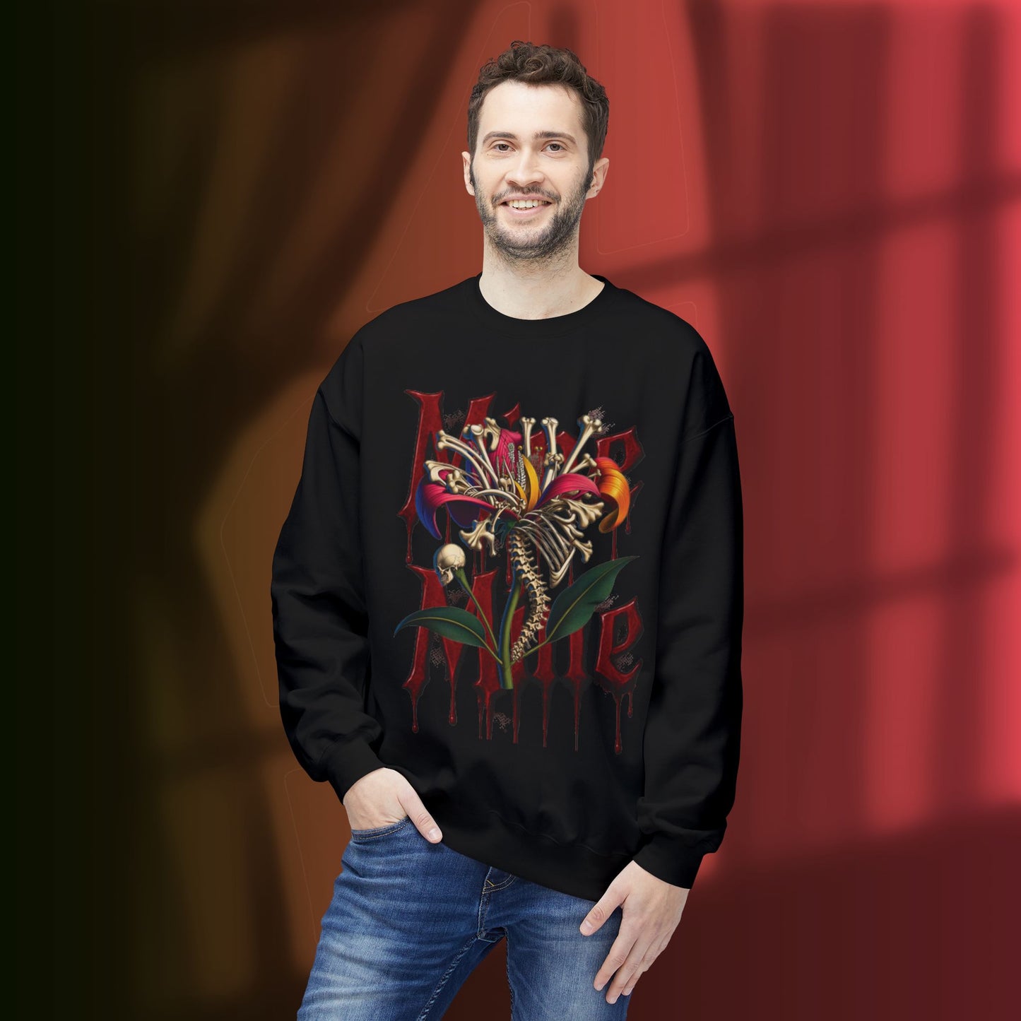 My Heart Is A Flower Covered In Bloody Bones, Vibrant Graphic Fleece Sweatshirt, Unisex Crewneck Sweatshirt, Casual Wear, Gift for Him/Her, Streetwear Style, Art-Inspired Apparel