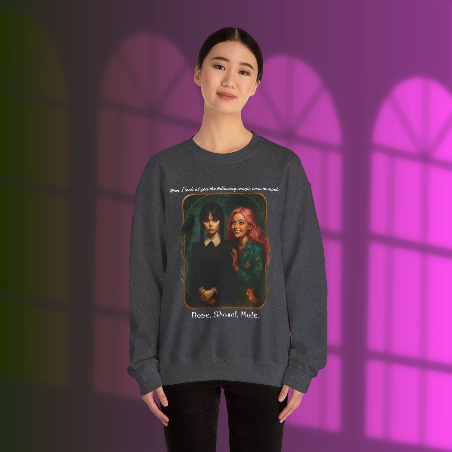 Wednesday and Enid Whimsical Crewneck Sweatshirt - Halloween Goth Lovers Vintage Art Sweattop