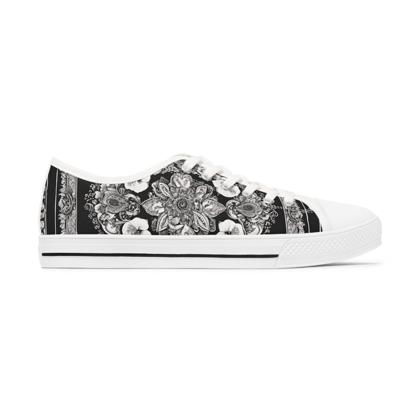 Women's Low Top Paisley Style On A Black And White Canvas Sneakers