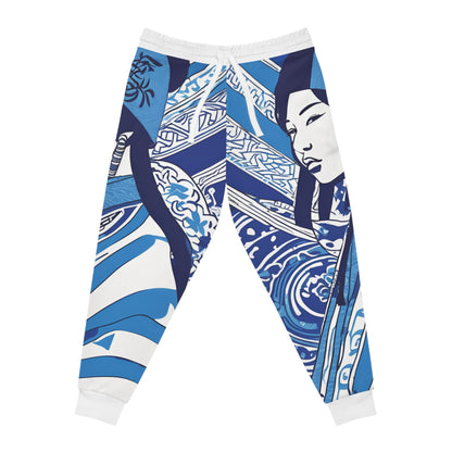 Blue And White Illustration Of A Woman Joggers