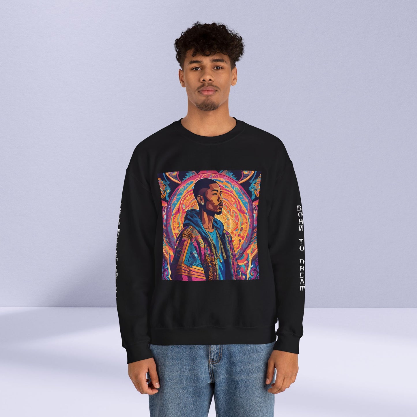 Tribe Of Dreams Standing In Front Of An Ornate Patterned Background Crewneck Sweatshirt