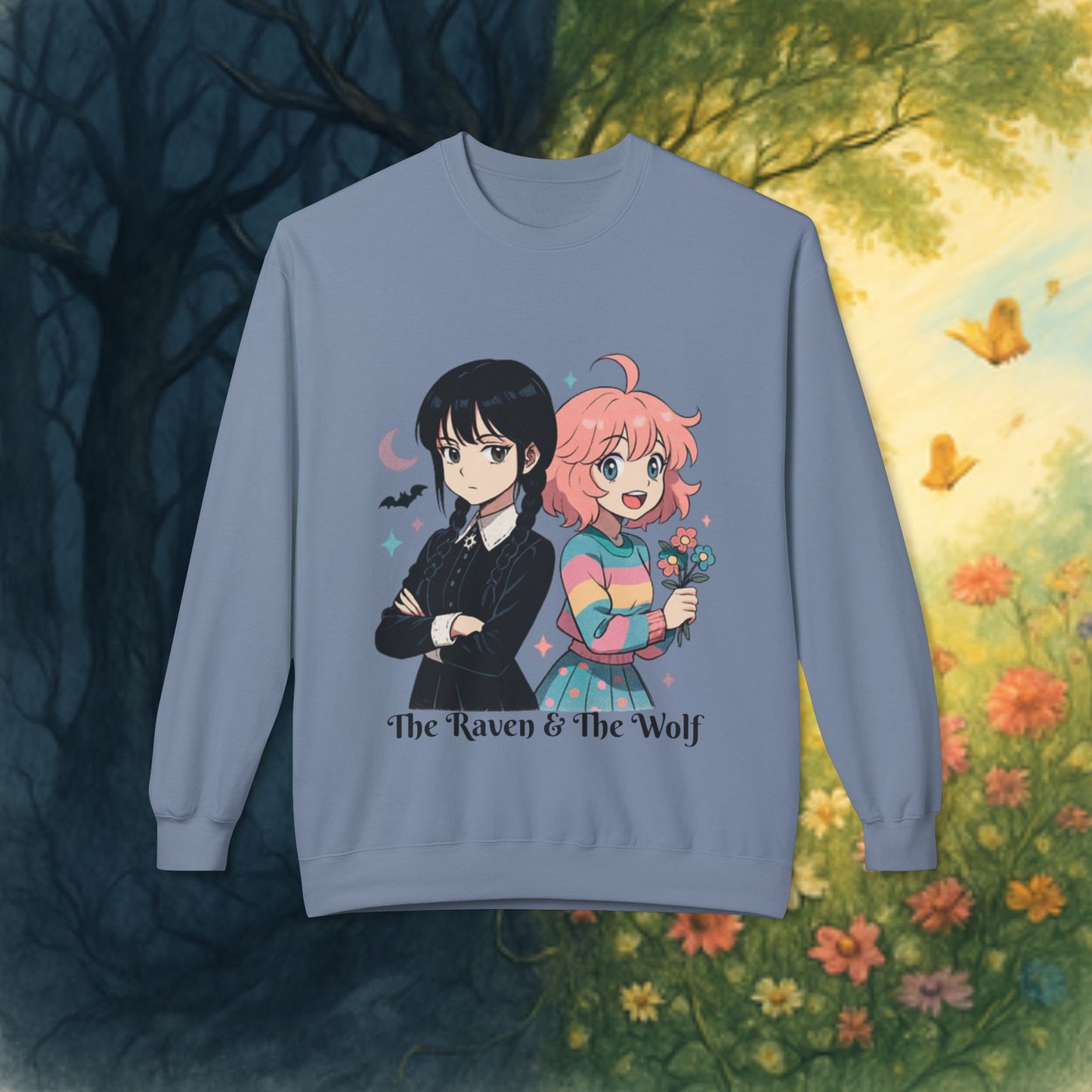 Wednesday & Enid Cartoon Crewneck Sweatshirt: The Raven & The Wolf Design, Cute Gift, Cozy Casual Wear, Everyday Comfort.