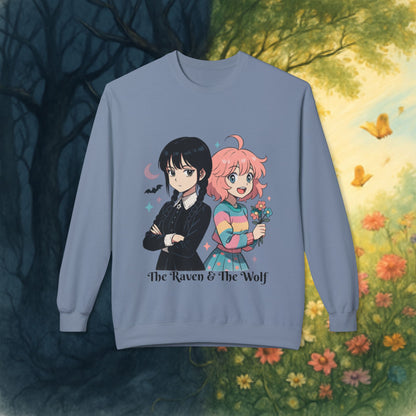 Wednesday & Enid Cartoon Crewneck Sweatshirt: The Raven & The Wolf Design, Cute Gift, Cozy Casual Wear, Everyday Comfort.