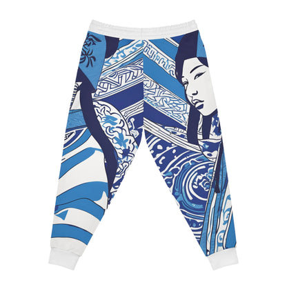 Blue And White Illustration Of A Woman Joggers