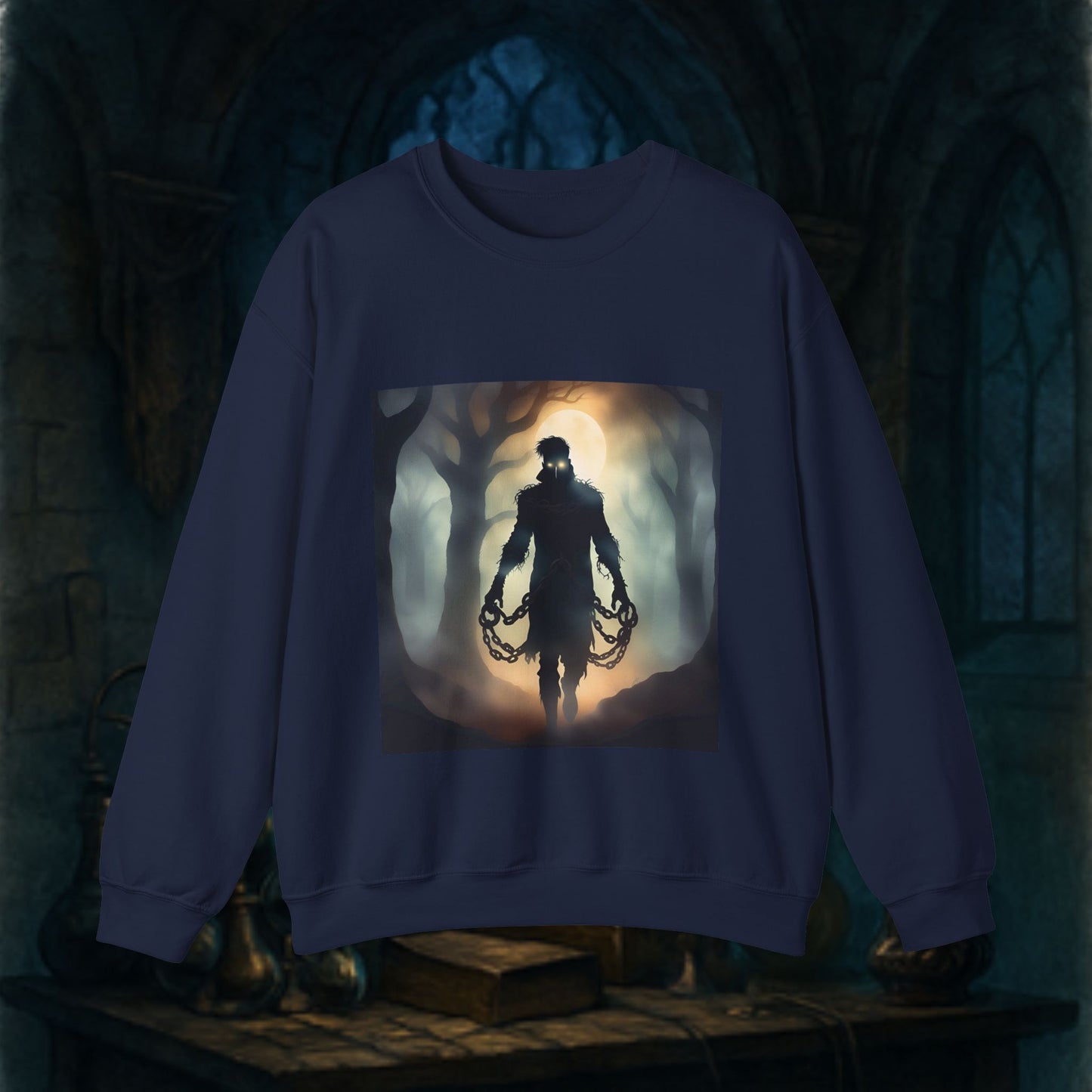 Eerie Night Long Sleeve Shirt with Spooky Design, Unisex Sweatshirt for Halloween, Gift for Horror Lovers, Cozy Crewneck for Fall, Unique Graphic Sweatshirt