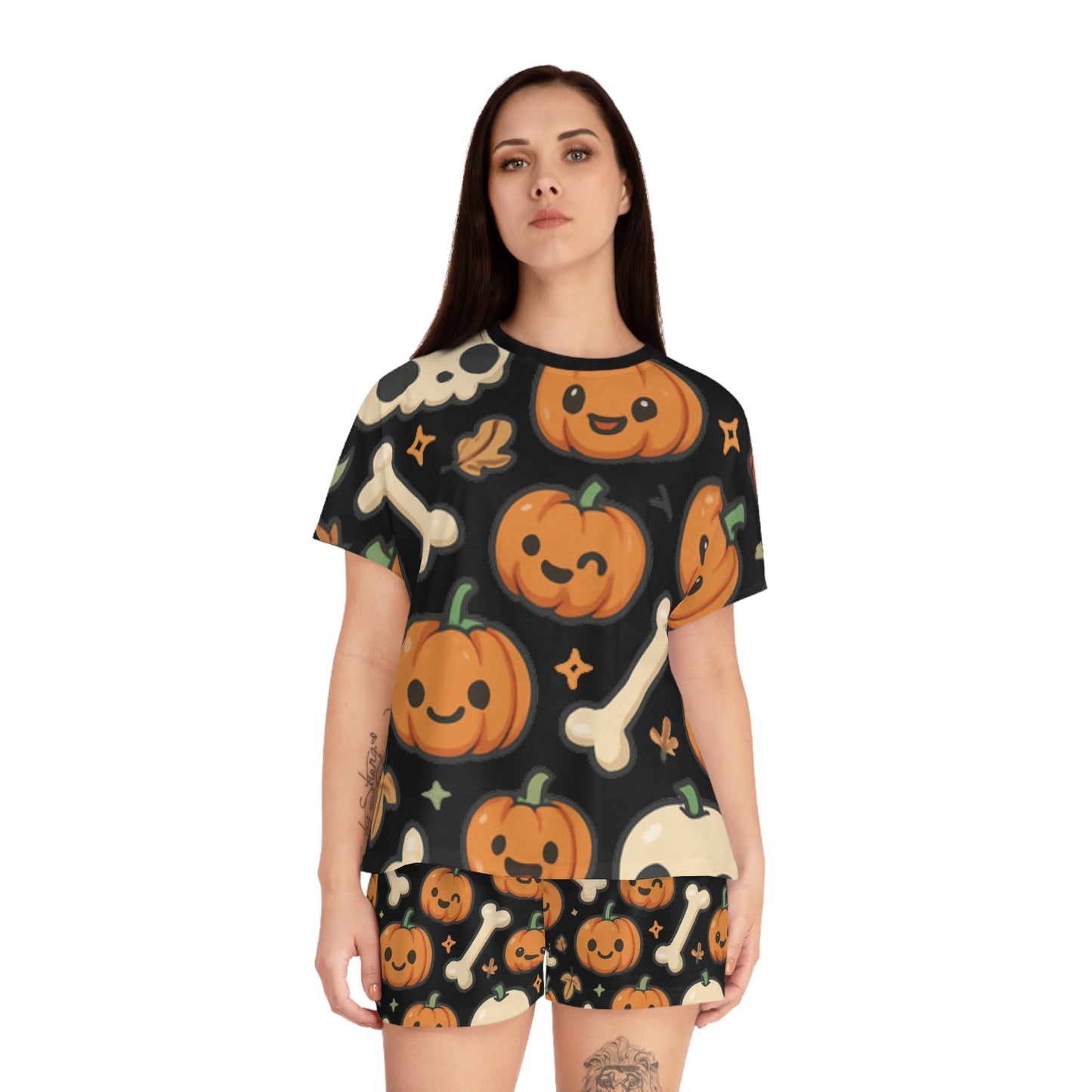 Cute Bones and Pumpkin Halloween Women's Pajama Set, Cozy Sleepwear, Pumpkin Print Pajamas, Perfect for Fall, Spooky Season, Gift for Her