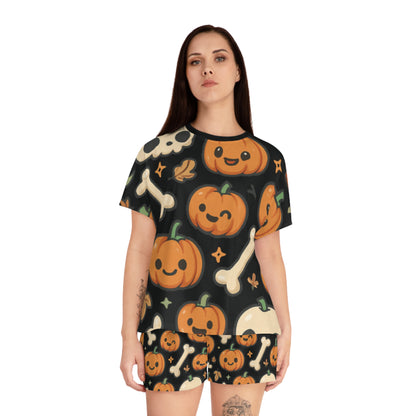 Cute Bones and Pumpkin Halloween Women's Pajama Set, Cozy Sleepwear, Pumpkin Print Pajamas, Perfect for Fall, Spooky Season, Gift for Her